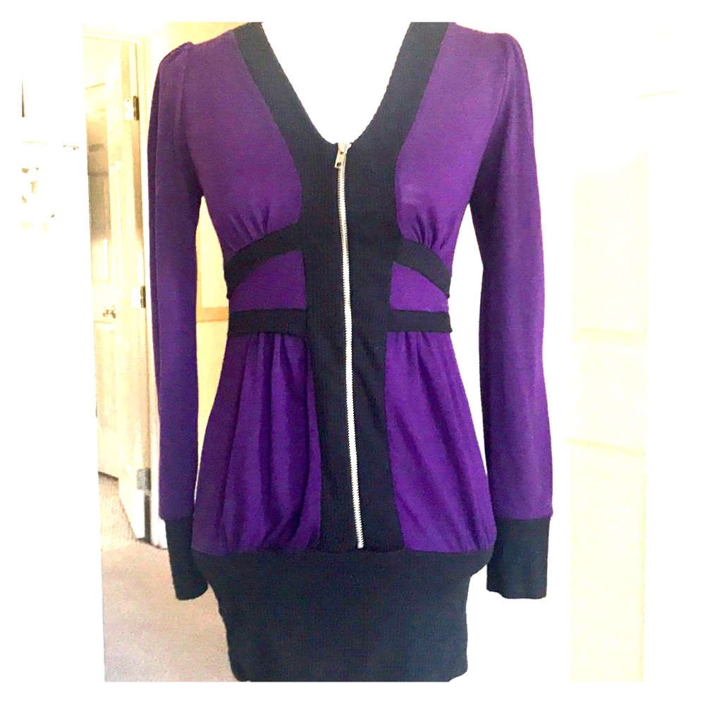 LVLX BLACK & PURPLE EMBROIDERED ZIP UP SWEATER TUNIC TOP